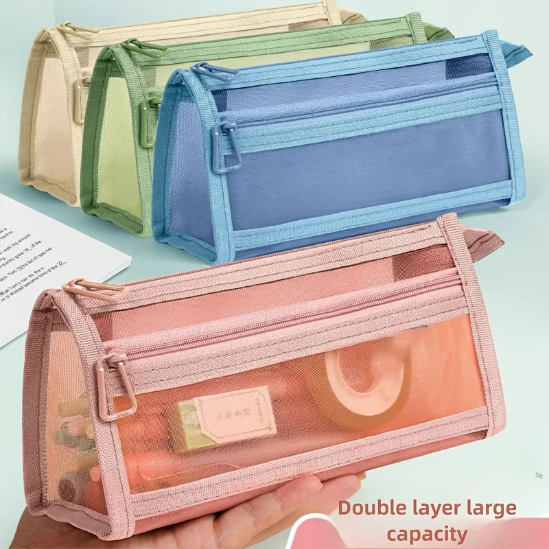 Desk Storage Morandi Grid Mesh Pencil Case with Handle and Zipper Clear Double-layer Pencil Pouch Marker Pouch,Travel Makeup Bag