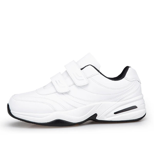 Men's Adjustable Hook And Loop Leather Sneakers Pure Black Casual Sports Shoes Big Size 47 48 Elderly Walking Shoes