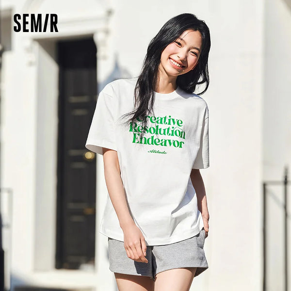 អាវយឺតនារី Semir ឆ្នាំ ២០២៦ បោះពុម្ពអក្សរប្លុកពណ៌ ស្មាទម្លាក់ចុះ រលុង ម៉ូដធម្មតា ទន់ ពាក់ប្រចាំថ្ងៃ