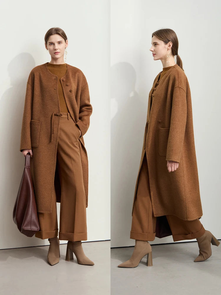 AMII Minimalist Neo-chinese Woolen Camel Wool Double Side Coat for Women 2026 Winter Round Neck Female Loose Outerwear 12444124