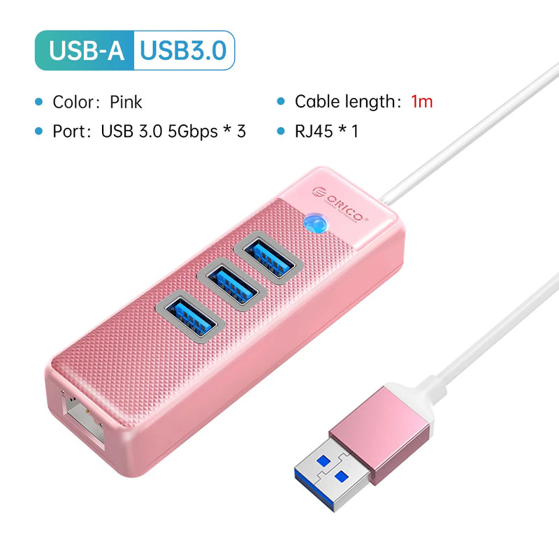 ORICO 3 Ports 5Gbps USB 3.0 RJ45 HUB 1000Mbps Ethernet Lan Adapter Gigabit Network Card For MacBook Laptop Computer Accessories