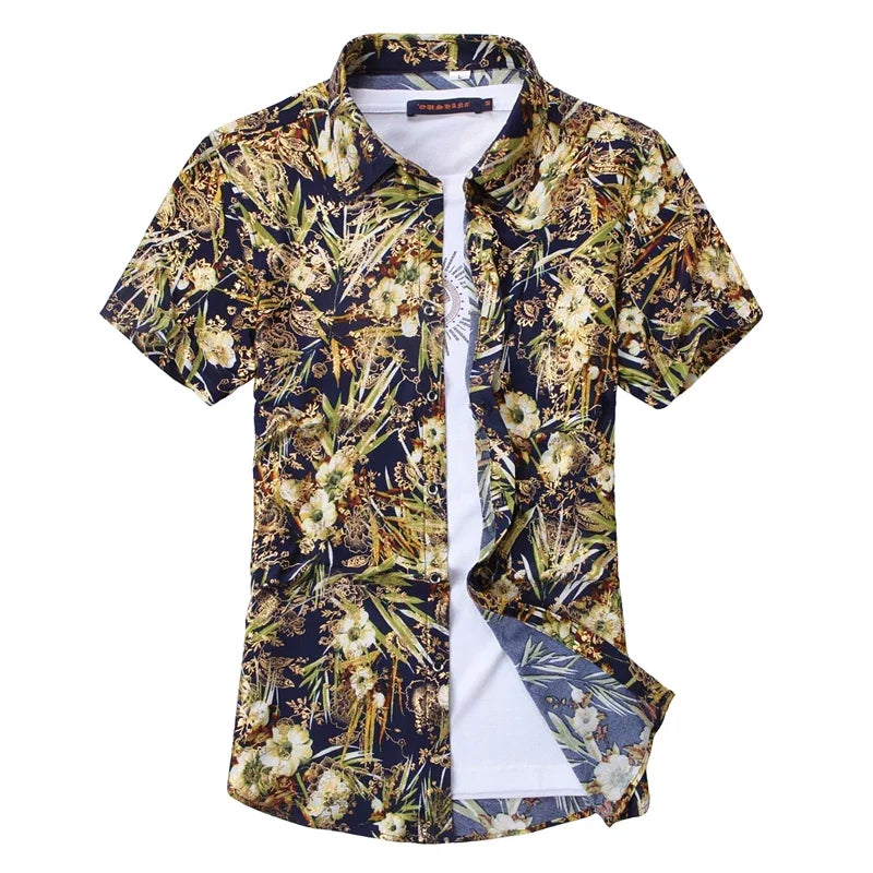 New Summer Collection of Men's Short-sleeve Printed Shirts, Red Single-breasted Button-down Shirts, Asian Sizes M–7XL.