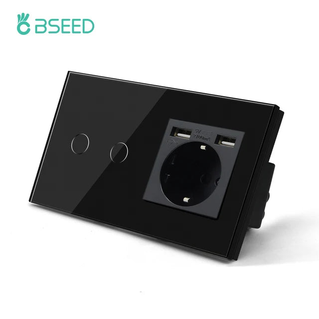 BSEED Touch Light Switch Wall Socket Glass 1/2/3Gang Touch Screen Switch Power Outlet Max.300W/Gang Led Switch Wall Socket Black