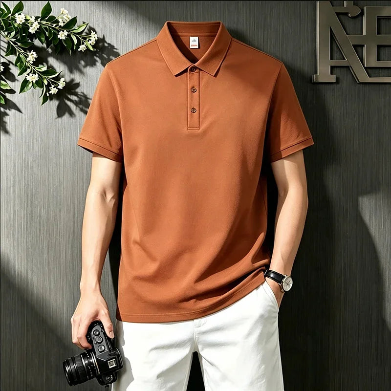 Loose Fit Short Sleeve Solid Polo For Males Turn Down Collar Button Placket Streetwear Simple Casual Wear Top