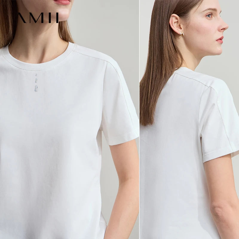 AMII Casual Print Shirt Women Summer New 2026 Short Sleeve Round Neck Baroque Pearl Straight T-shirts Woman Fashion 12522059
