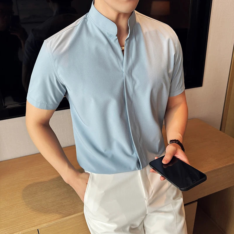 Stand Collar Short-Sleeved Shirt, Men's High-Grade White V-Collar Shirt, Drape Stretch Fashion V-neck Shirt, Business Office