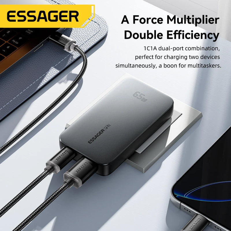 ឆ្នាំងសាក Essager Ultra Thin 65W GaN Travel Charger Quick Charge 4.0 PD3.0 PPS Portable Type C Charger សម្រាប់ iPhone Samsung Macbook Laptop