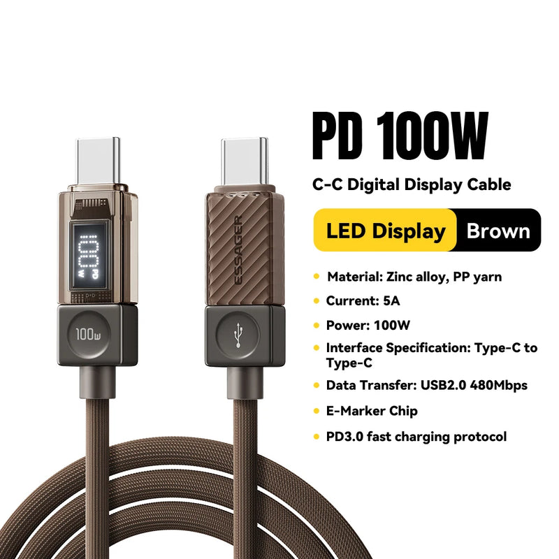 Essager 240W Type C to Type C Cable PD3.1 Digital Display Fast Charging USB C Cable for Macbook iPhone 17 16 15 Samsung Xiaomi