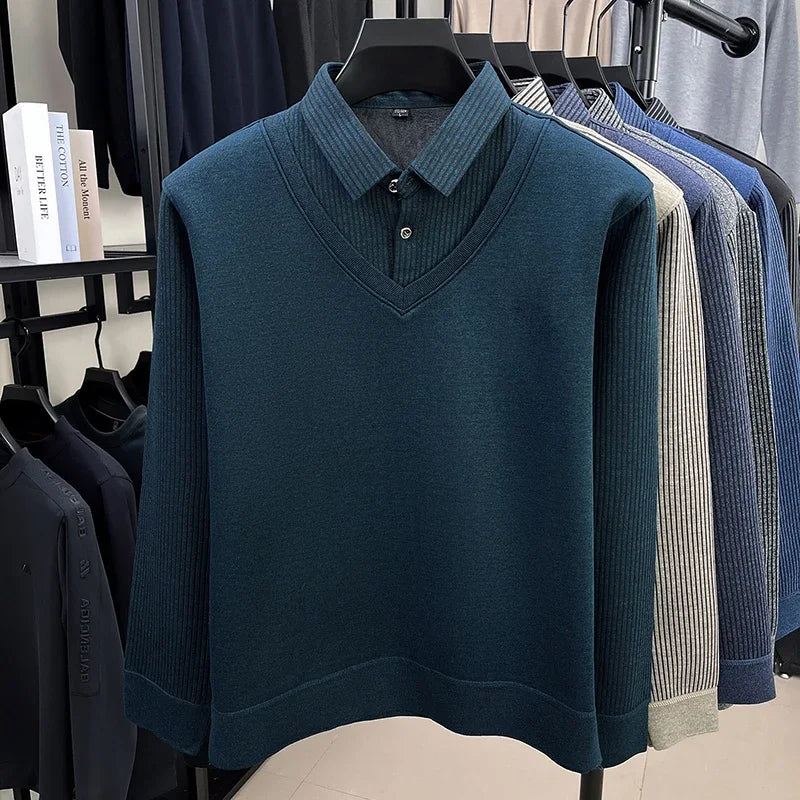 Thermal Warm Knit Sweater For Men Collared Fake Vest Elastic Cuff Full Fleece Lined Vertical Stripe Autumn Office Clothing