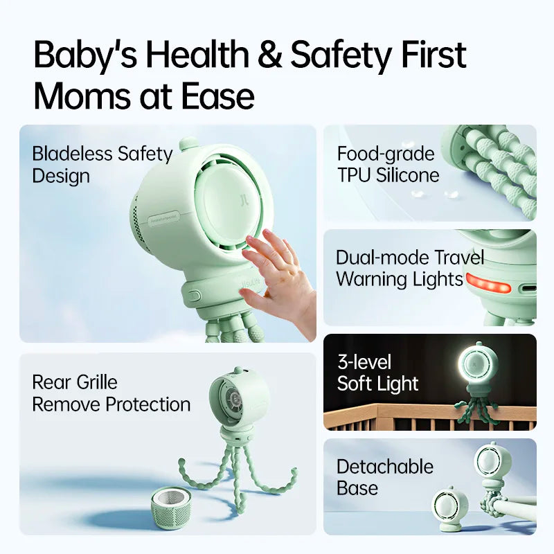 JISULIFE Portable Baby Stroller Fan,Air Purify Turbo Tech,Nature Wind,LED Light,5000mAh,Food-Grade Silicone Bracket,Crib Fan