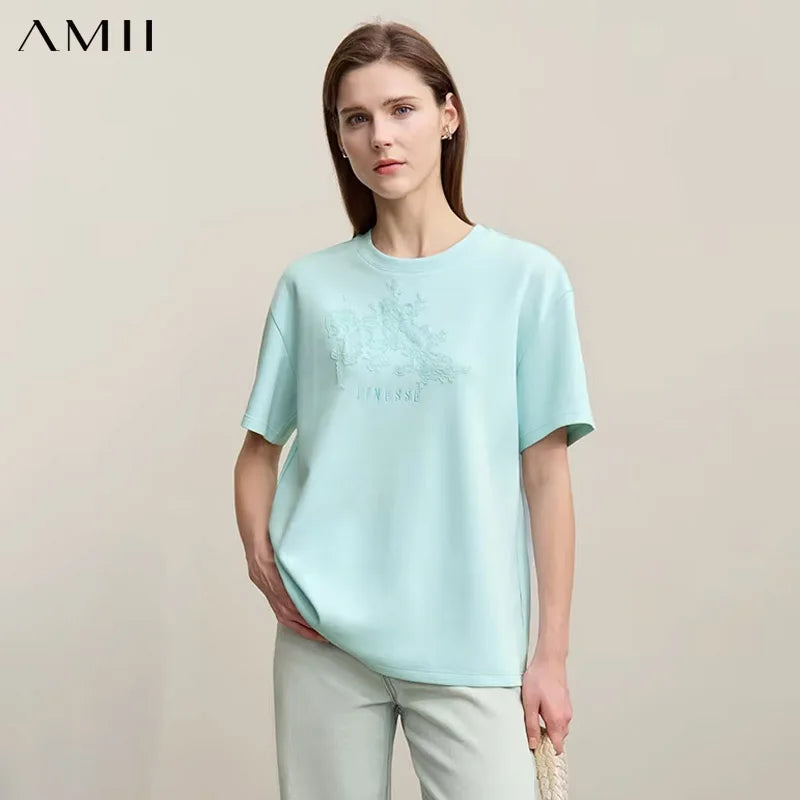 អាវយឺត Amii សម្រាប់នារី រដូវក្តៅ ឆ្នាំ២០២៦ កមូល ស្មាធ្លាក់ កប្បាស អាវយឺតប៉ាក់ ចរ អាវប៉ាក់រាងរលុង 12622048