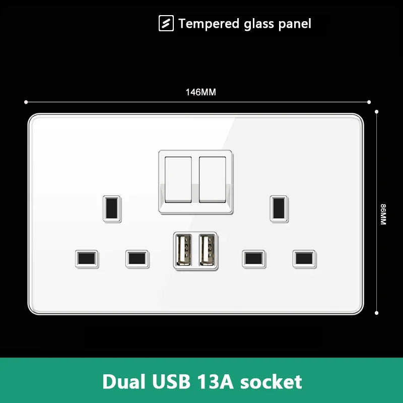 UK 13A Wall Socket with Type-C 18W Fast Charging Plug Socket,Glass Panel Power Double Universal Outlet with Quick USB C charge