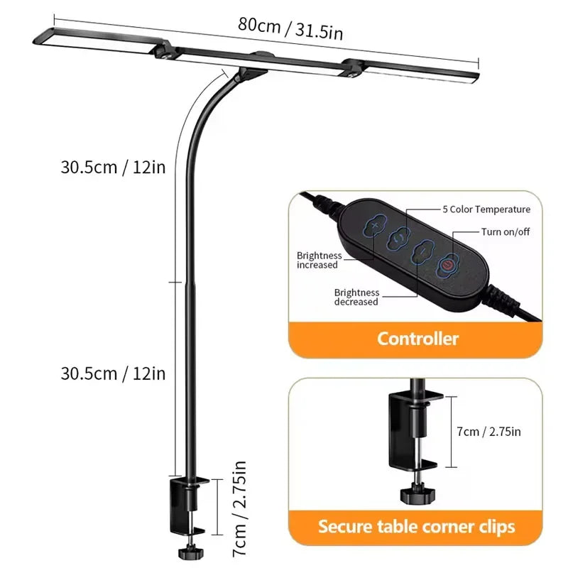 LED Desk Lamp for Home Office Eye-Caring Computer Desk Light with Clamp Gooseneck Rotatable Color Changing Dimmable Table Light