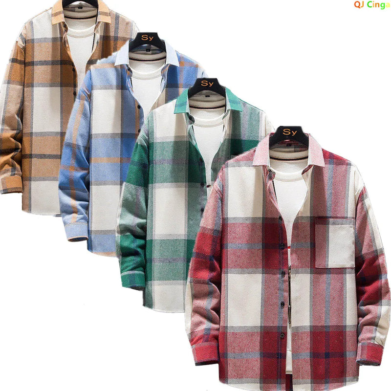 Men's Long-sleeve Striped Shirts for Spring and Fall, Made From A Cotton-polyester Blend, Available in Red, Green, Yellow, Blue.