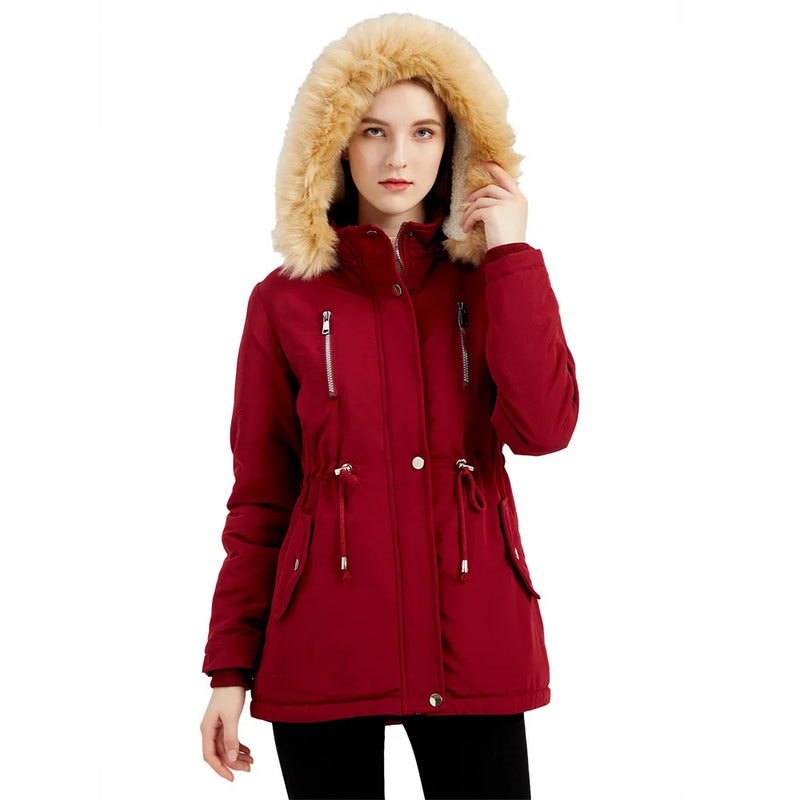 Winter New Arrival Women's Dark Brown Hooded Mid-Length Coat, Stylish and Warm Thick Jacket. Khaki, Black, Blue, Pink Parkas.