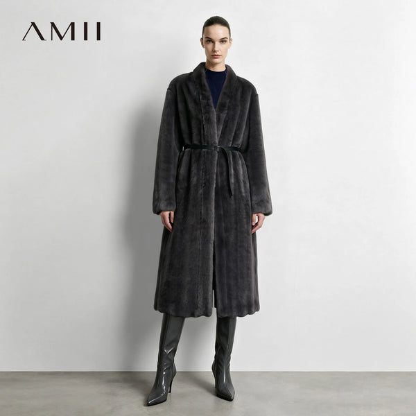Amii Long Women's Coat 2026 Winter New Commuter V-neck Leather Belt Faux Fur Coat Elegant Warm Loose Outerwear Top 12654014