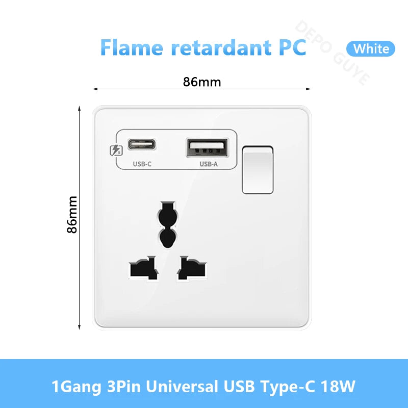 White UK Standard 13A USB Wall Socket Panel,Universal 18W Type-c Quick Charge Socket Plug,Wall Light Switch Electrical outlet