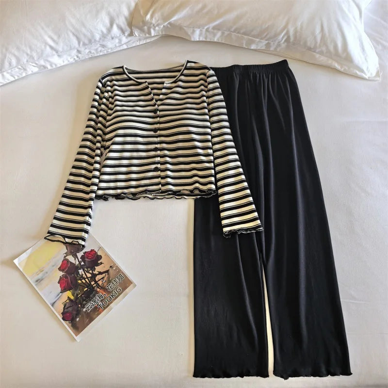 Women's Pajamas Chest Pads Spring Autumn Pure Cotton Korean Striped Long-sleeved Trousers Sets Outside Sleepwear Home Suit
