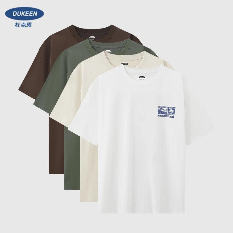 DUKEEN 240G Heavyweight Men's T Shirts 100% Cotton Summer New Fashion Print Crew Neck Short Sleeve Tees Men's Clothing