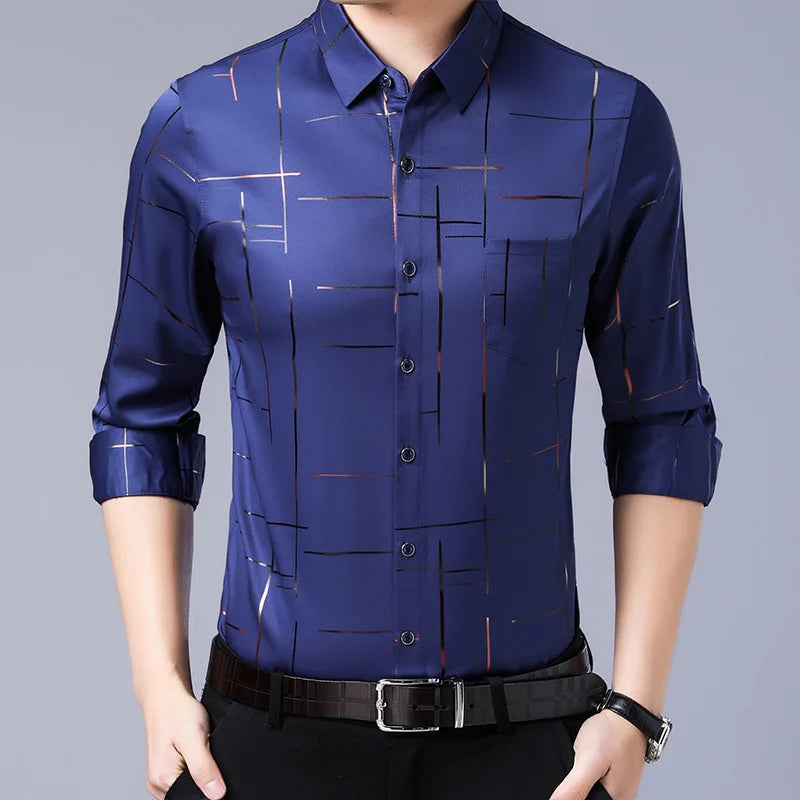 2026 Men's Casual and Fashionable Long Sleeved Printed Shirt, Non Ironing and Wrinkle Resistant Business Top. Asian sizes M–4XL