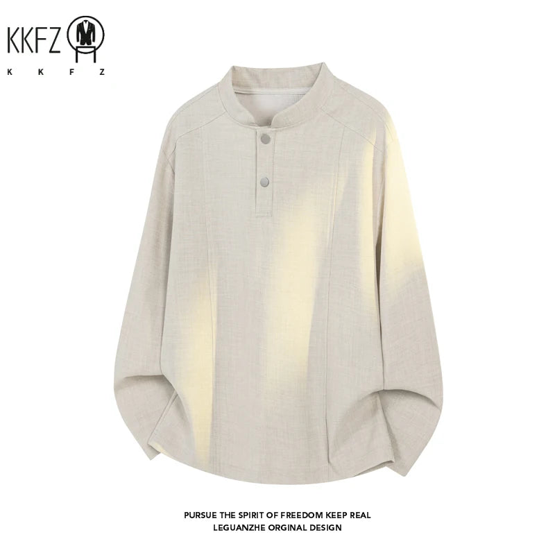 Male Minimalist Mandarin Neck Long Sleeve Shirt Vertical Sewing Texture Relaxed Cut For Weekend Gathering And Travel Matching
