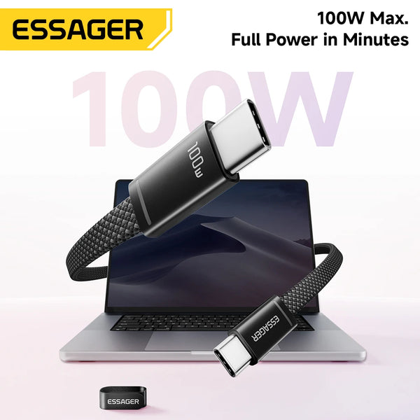 ខ្សែសាក ESSAGER 100W USB C ទៅ Type C Slim 5A PD សាកថ្មលឿនសម្រាប់ MacBook iPhone 17 16 Pro Max iPad Xiaomi Laptops USB-C Data Cord