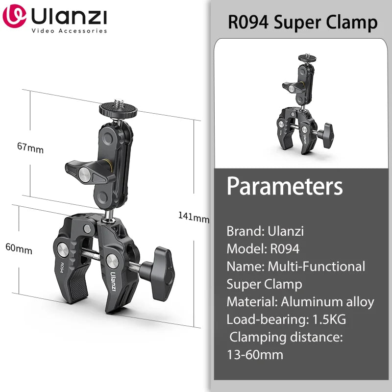 Ulanzi R094 ក្ដាប់ដែកខ្លាំងជាមួយក្បាលបាល់ពីរ ក្ដាប់ដៃវេទមន្ត ជាមួយរន្ធ 1/4" 3/8" សម្រាប់កាមេរ៉ា DSLR ម៉ូនីទ័រ ភ្លើង ម៉ោនមីក្រូហ្វូន
