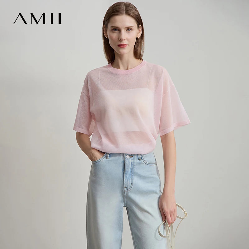 អាវយឺតប៉ាក់ AMII រដូវក្តៅធម្មតាសម្រាប់ស្ត្រីឆ្នាំ ២០២៥ អាវយឺតដៃខ្លីកមូលស្មាទម្លាក់ស្តើងសម្រាប់ស្ត្រីម៉ូដ ១២៥៥២០៧៧