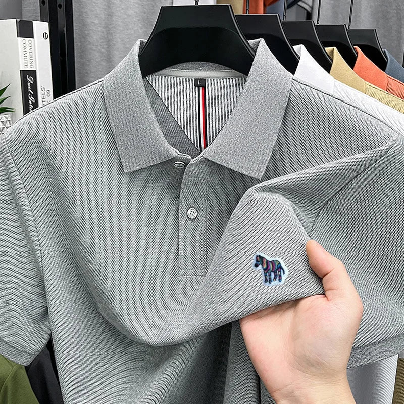 High Quality 100% Cotton Summer Man Short-Sleeved Polo Shirt Lapel Button Slit Hem Zebra Embroidery Snug Ventilate Men'sClothing