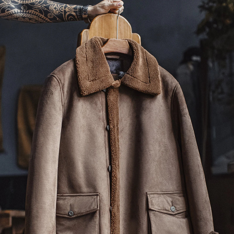 អាវធំ Maden សម្រាប់បុរស Retro B7 Suede-Fleece Parka ប្រវែងមធ្យម ធ្វើពីរោមចៀមសិប្បនិម្មិត អាវធំក្រាស់ មានដើមទ្រូងតែមួយ សម្រាប់រដូវស្លឹកឈើជ្រុះ រដូវរងា