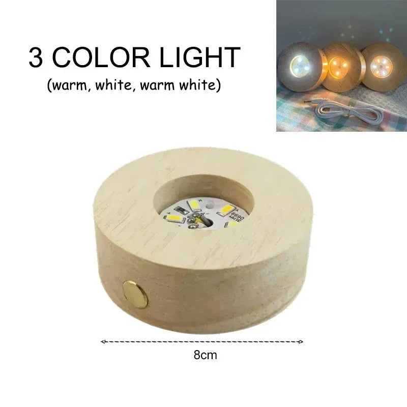 8cm Wooden LED Light with USB Plug in Display Base Round Wooden Stand Battery Powered 3D Resin Art Crystal Glass Holder