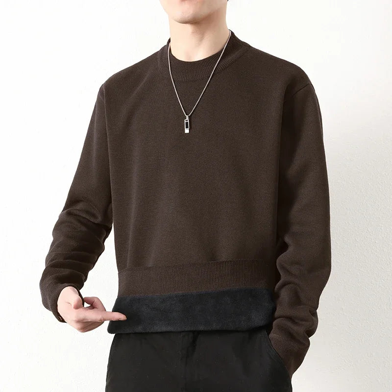 Men Loose Silhouette Half Turtleneck Knitwear Full Plush Lining Long Sleeve Thermal Sweater Casual Daily Base Outfit