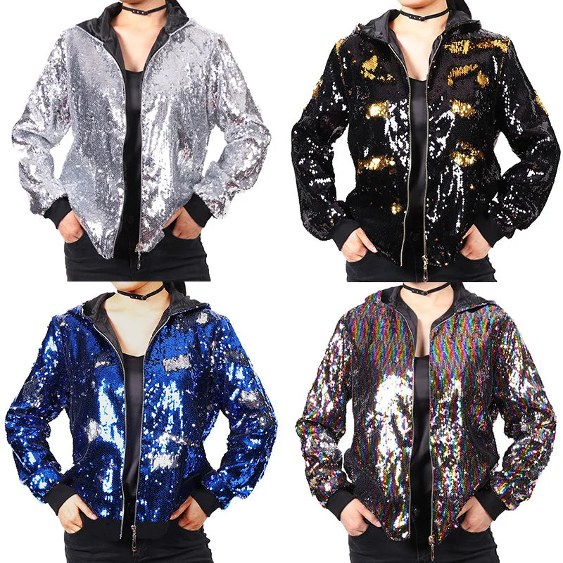 Sparkling Red Hooded Jacket with Sequin Decoration for Women, Fashionable Gold Outerwear with Silver Blue Purple Green Options