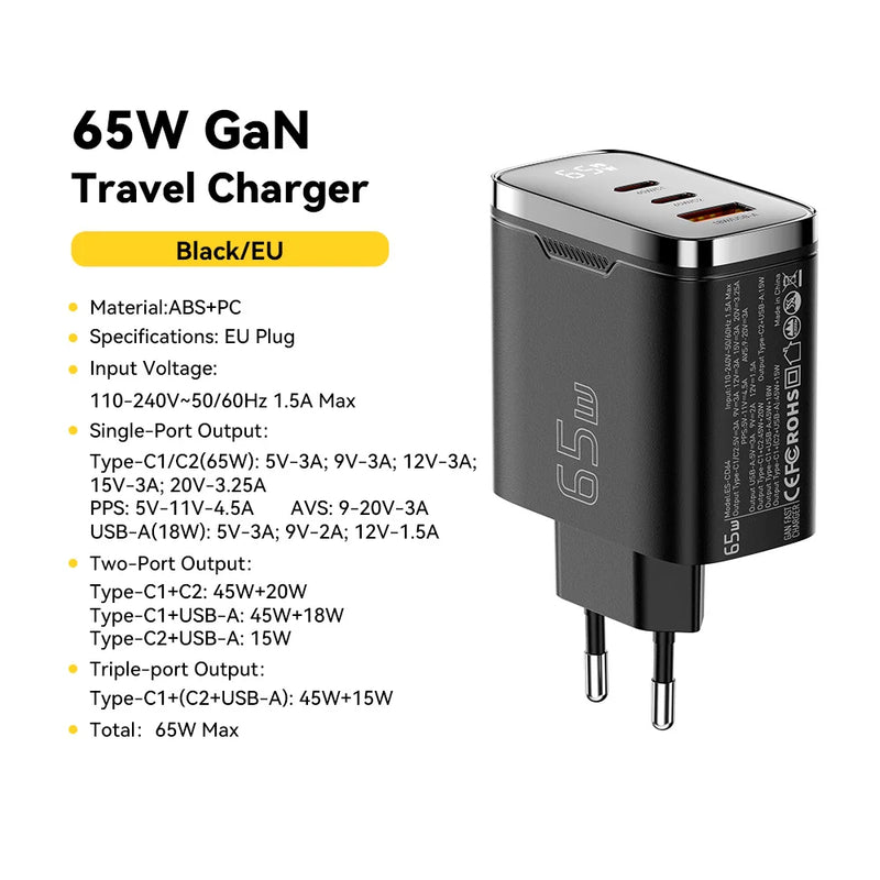 ឆ្នាំងសាក Essager 65W GaN USB Type C អេក្រង់ឌីជីថល QC 4.0 PD 3.2 PPS 45W សាកលឿនសម្រាប់ Samsung Huawei IPhone17 កុំព្យូទ័រយួរដៃ MacBook