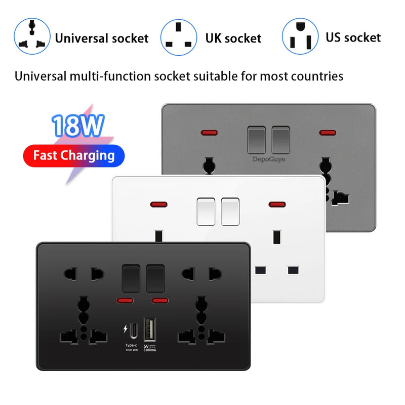 18W Type-C Plug Quick Charging Universal 5-pin Dual Power Socket,UK Standard 13A Wall Socket with DC 5V 3.1A Type-c USB Charger