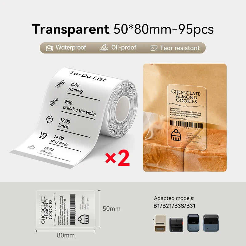 2 Rolls NIIMBOT B1 B21 B3S Thermal Label Clothing Price Food Self-adhesive Tag Waterproof Office Pocket Printer Label Paper