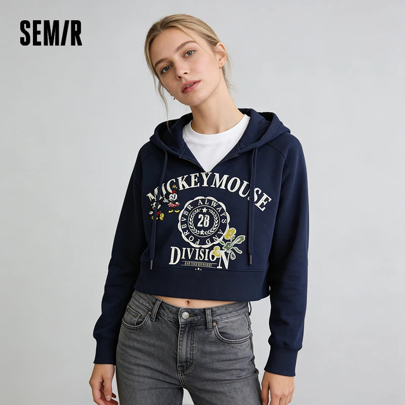 Semir Retro Hoodie Women Spring Short Patterned Loose Hooded Unique Design Casual Fashion Comfortable Daily Wear Top