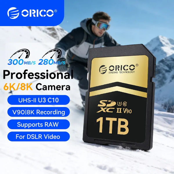 ORICO Professional SDXC Memory Card UHS-II, C10, U3, V90, Full HD, 8K, Up To 300MB/s Read for DSLR, Cinema-Quality Video Cameras