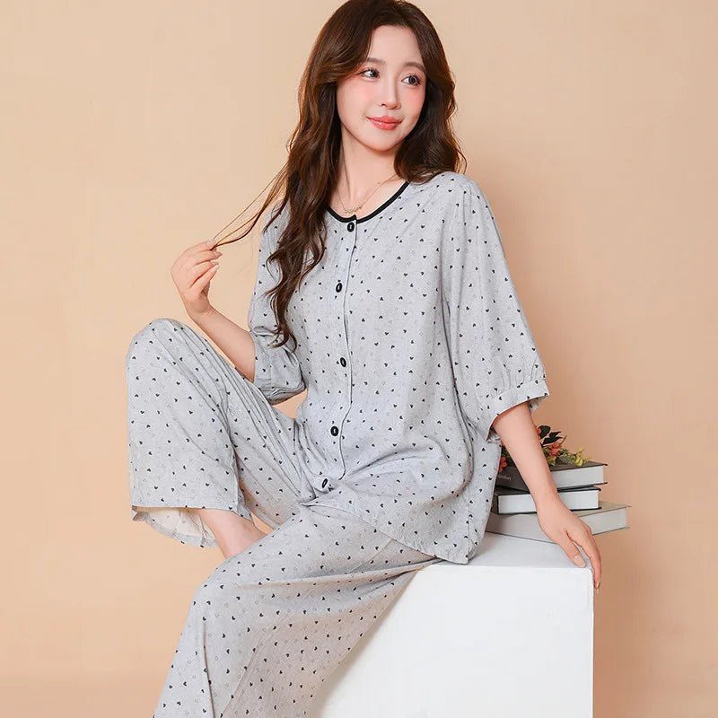 Summer Sleepwear Women's Home Clothes Pyjama Set Lounge Wear New 2 Piece Pjs Pajamas for Women Thin Button Top Loungewear Suit