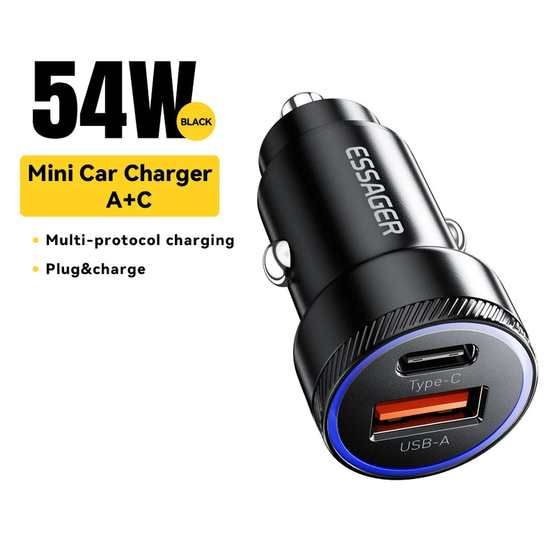 ឆ្នាំងសាករថយន្ត Essager 54W USB 5A សាកលឿន 3.0 QC PD 3.0 SCP AFC 30W USB ប្រភេទ C សាកលឿនសម្រាប់ iPhone Huawei Samsung Xiaomi