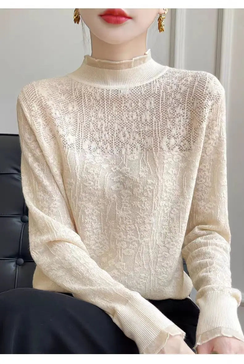 ទាញ Femmes ពាក់កណ្តាល Turtleneck Knitwear កំពូល Elegant Ladies Pullover អាវរដូវស្លឹកឈើជ្រុះរដូវរងា Bottoms ស្លៀកអាវយឺតស្ត្រី Jumper