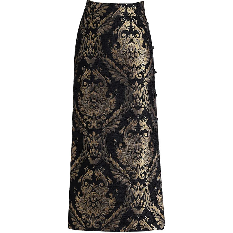 Luxurious Women's Black and Gold Skirts, A Stylish and Elegant Knee-length Dress with A Slit on The Right Side.