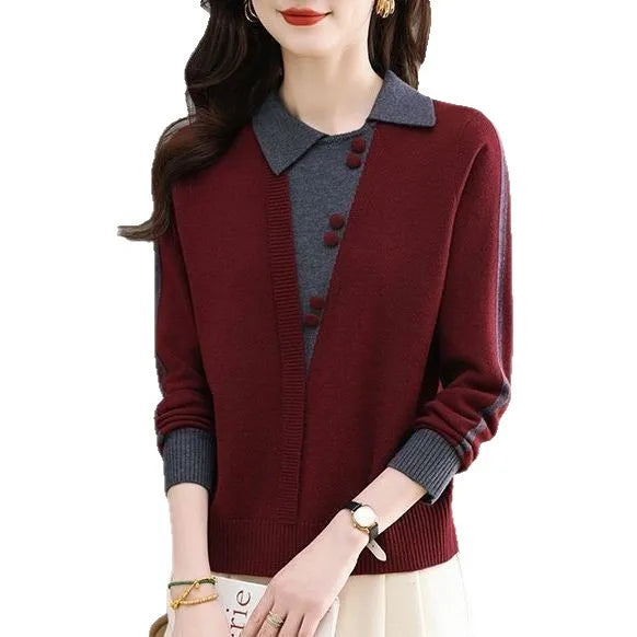 Pulls Femmes Elegant Ladies Pullover Tops Knitting Woolen Sweater Spring Autumn Lapel Long Sleeve Shirt Knitwear Clothes Women