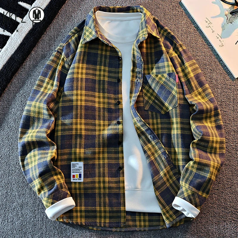 Classic Casual Plaid Overshirt Men Button Front Lapel Single Pocket Long Sleeve Basic Street Layered Fashion Top