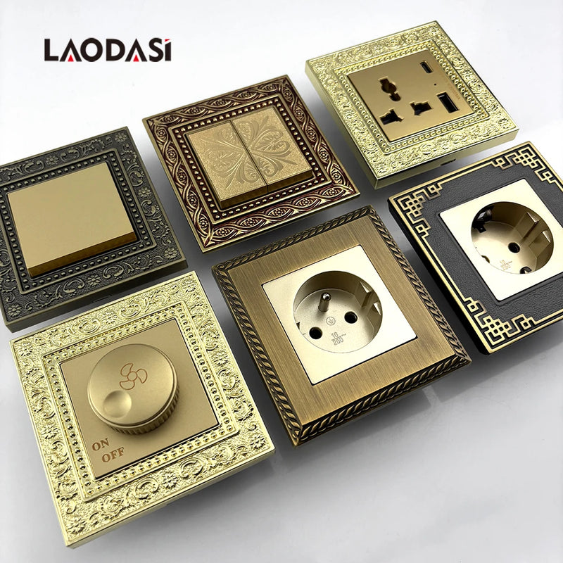 Deopoguye Vintage EU FR UK Light Switch Socket,Europe Standard Metal Zinc Alloy Push 1/2/3Gang Switch Panel for Home Improvement