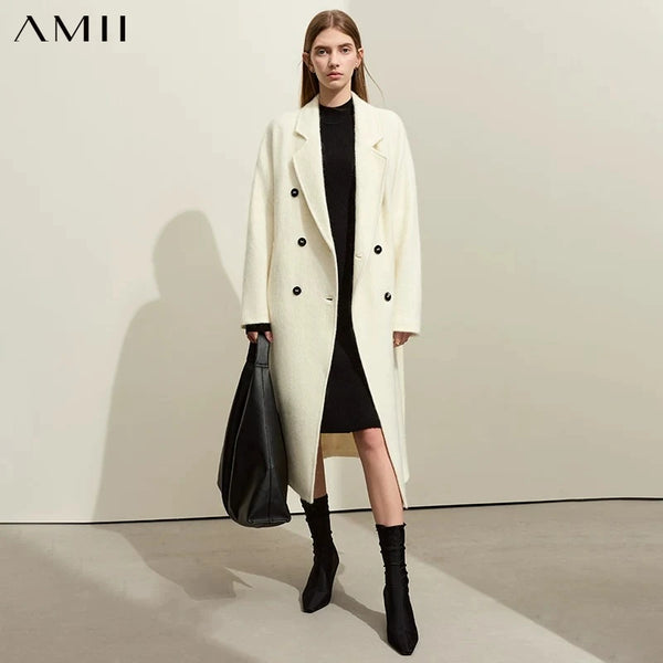 AMII Women's Jacket Coat 2026 Winter New Turn-Down Collar Wool Mohair Double-breasted Woolen Coat Women Belt Long Coat 12344400