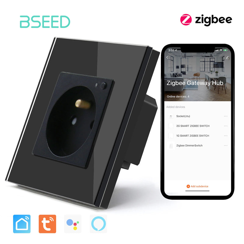 BSEED ZigBee Smart FR Socket Double Powe Sockets Triple Wall French Oulets Work With Tuya Google Home Smart Life Alexa