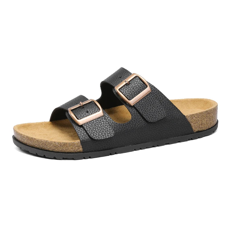 Men's Adjustable Double Buckle Cork Footbed Slide Sandals Casual Leather Open Toe Flat Slip on Summer Walking Beach Slide Shoes