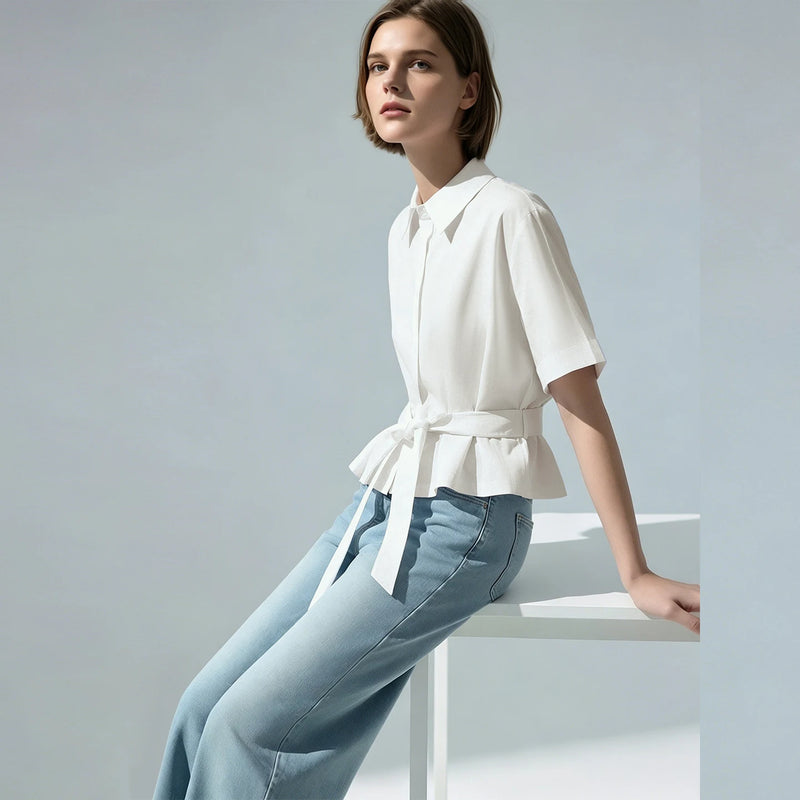Amii 100% Cotton Women's Shirt 2026 Summer New Lapel Collar Belted Dolman Sleeve Blouse Loose Casual Office Short Top 12642126