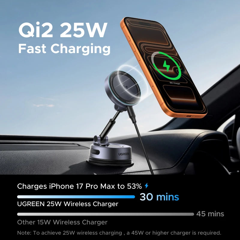 UGREEN Qi2.2 25W Wireless Car Charger Nano-Gel Grip Vacuum Suction Mount Magnetic Phone Holder Fast Charging for iphone 17 16